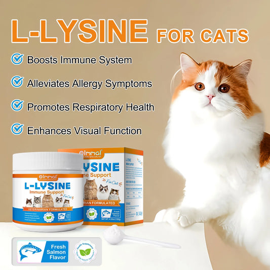 L-Lysine Powder for Cats, Cat L-Lysine Supplement Powder for Sneezing and Runny Nose, Cat Cold, Cat Immune Support, Eye Function & Respiratory Health 120G (Salmon Flavor)