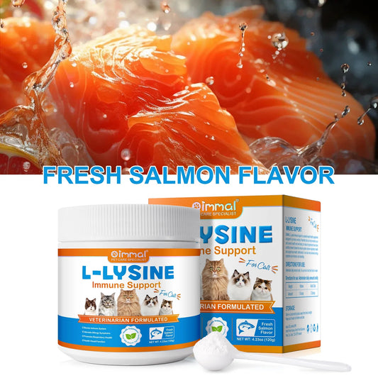 L-Lysine Powder for Cats, Cat L-Lysine Supplement Powder for Sneezing and Runny Nose, Cat Cold, Cat Immune Support, Eye Function & Respiratory Health 120G (Salmon Flavor)