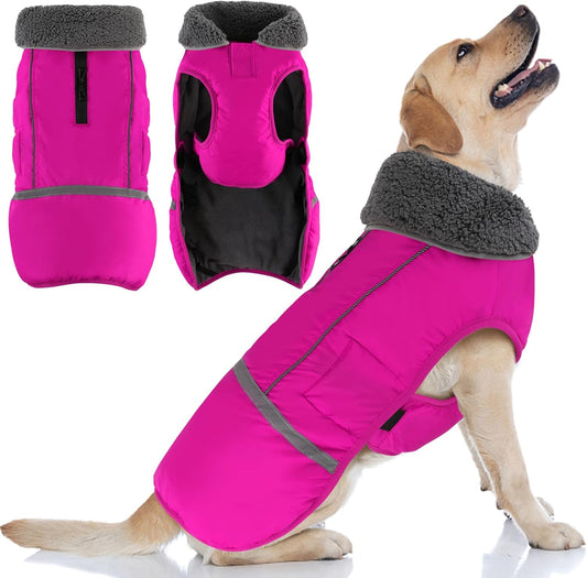 Dog Coat, Waterproof Dog Jacket Pet Winter Coat for Cold Weather with Thicken Furry Collar, Reflective Puppy Winter Jacket Warm Fleece Lining for Small Medium Large Pets