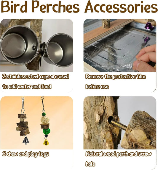 Bird Perch Natural Wood Stand Toy Parrot Play Stand Platform Bird Cage with Removable Tray and 2 Stainless Steel Cups for Parakeets Canaries Cockatiels Conure Lovebirds