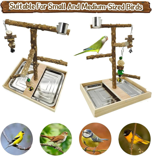 Bird Perch Natural Wood Stand Toy Parrot Play Stand Platform Bird Cage with Removable Tray and 2 Stainless Steel Cups for Parakeets Canaries Cockatiels Conure Lovebirds